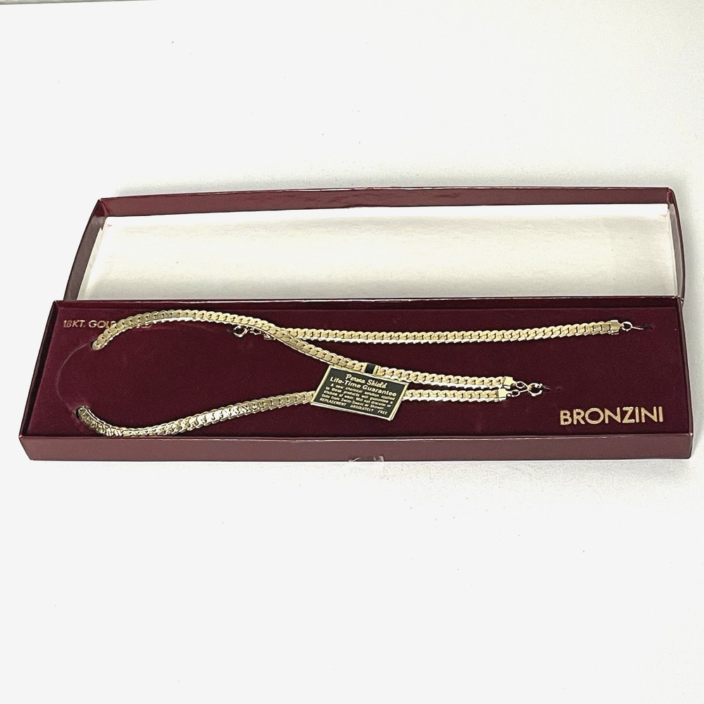 Vintage Bronzini 18KT Gold Shield Necklace Bracelet Set NOS 18" & 7.5" in Box